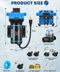 Tough As Nails 110V AC Water Pressure Pump dimensions and accessories including fittings, Teflon tape, and strainer.