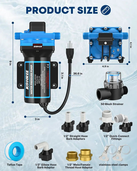 Tough As Nails 110V AC Water Pressure Pump dimensions and accessories including fittings, Teflon tape, and strainer.