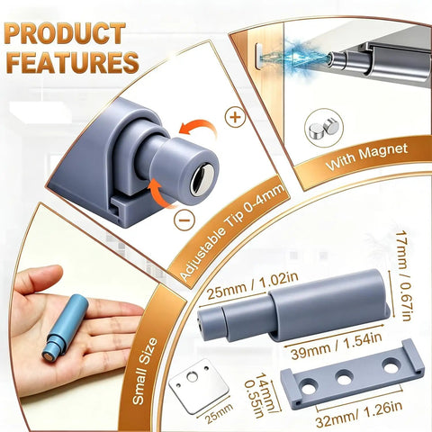 Push To Open Magnetic Cabinet Latch Set Eight Pack Gray features and dimensions shown, with adjustable tip and magnet details.