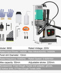 Massive 2-Inch Industrial Magnetic Drill Press With 1450W Motor For Heavy Duty Metal Work with tools and accessories on display.