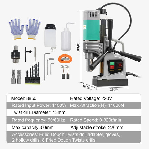 Massive 2-Inch Industrial Magnetic Drill Press With 1450W Motor For Heavy Duty Metal Work with tools and accessories on display.