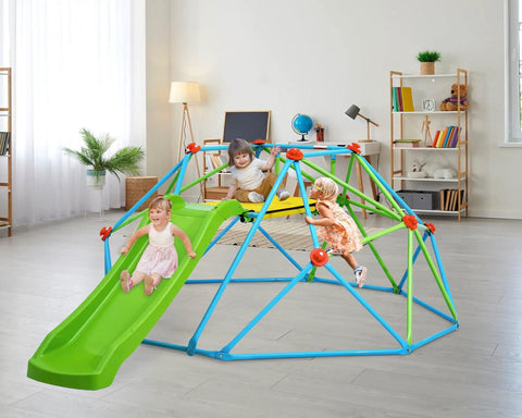 Children playing on Climbing Dome With Slide 8Ft Jungle Gym For Backyard 2 In 1 Outdoor Climbing Frame Playset indoors
