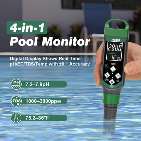 All In One Digital Water Tester With Large Color Screen For Simultaneous pH EC TDS And Temperature Readouts, held in pool water