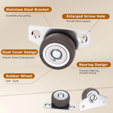 1.25-inch side-mount caster wheels, front view, set of four with rubber tires and stainless steel brackets