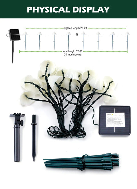 Sun Powered Mushroom String Lights, 20 LED Over 32.8 Feet Of Outdoor Waterproof Pathway Lighting, components displayed.