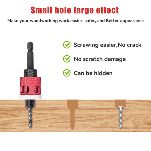 5-pc countersink drill bit set with red low-friction depth stop; HSS M2 bits, front view