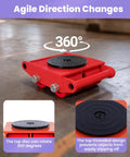 Heavy Duty 4 Pack Machine Skates For Moving Heavy Equipment In Warehouse With Silent Pu Wheels Non Marking And Strong Carbon Steel Frames Built Tough, showing a 360-degree rotating top disc.