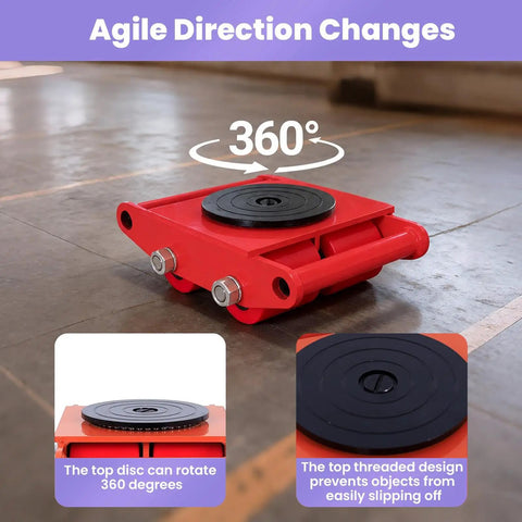 Premium Machinery Skate Dolly 17636 Lb Heavy Duty Steel Mover With Silent Non-Slip PU Wheels For Workshops And Warehouses That Glide Smoothly showing 360 degree rotating top disc.