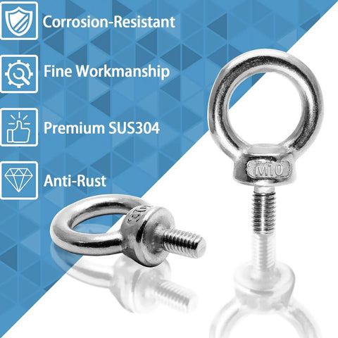 Four Pack M10 Eye Bolts Stainless Steel 304 Rustproof Lifting Eyebolt Ring With Shoulder 58mm Height 39mm Outer Diameter