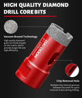 Close-up of a partial Killer 13 Piece Tile Hole Saw Kit With Vacuum Brazed Diamond Bits, showing a red drill core bit with vacuum brazed technology and chip removal hole.