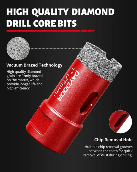 Close-up of a partial Killer 13 Piece Tile Hole Saw Kit With Vacuum Brazed Diamond Bits, showing a red drill core bit with vacuum brazed technology and chip removal hole.