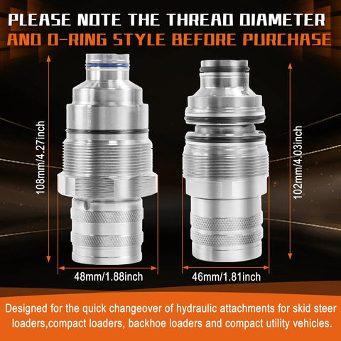 Hydraulic Female Flat Face Quick Connect Coupler 48mm Thread Diameter For Bobcat And John Deere Skid Steer Loaders 318E 319E 320E 323E 326E 328E 329E 332E 333E Plug And Play Replacement Part side by side with specs shown.