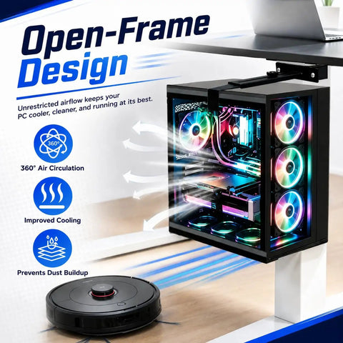 Slick Under Desk PC Mount Features A No Drill Hassle Setup For Standing Desks And Adjustable Workstations While Providing Dang Secure Grip For Your Computer CPU To Keep Your Home Office Clean, showcasing open-frame design with airflow.