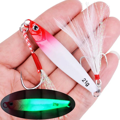 Heavy Duty 40G Saltwater Fishing Jigs Straight Fire Speed And Slow Jigging Pitching Lure Collection with 21g jig and feather lure.