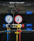 Four Way AC Diagnostic Manifold Gauge Kit With Five Foot Hoses For R134A R410A R22 Complete Gauge Set Includes Color Coded Hoses Quick Couplers Adapters And Puncture Style Can Tap For Easy Refrigerant Service, blue and red gauges