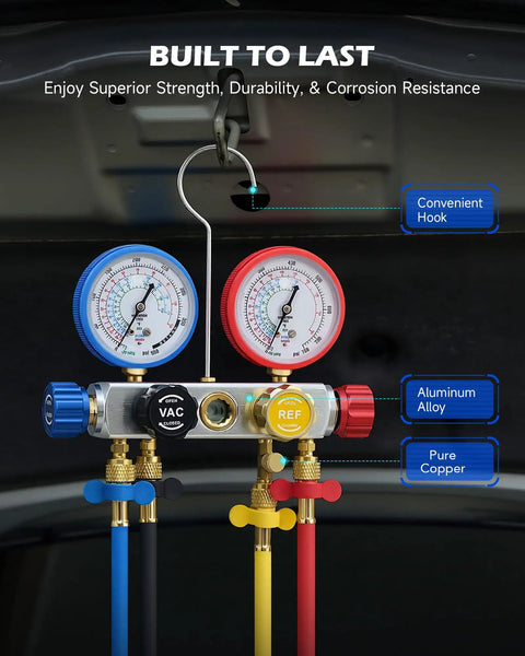 Four Way AC Diagnostic Manifold Gauge Kit With Five Foot Hoses For R134A R410A R22 Complete Gauge Set Includes Color Coded Hoses Quick Couplers Adapters And Puncture Style Can Tap For Easy Refrigerant Service, blue and red gauges