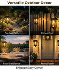 Outdoor Solar Lanterns Waterproof Hanging Solar Lights With Glass Shade Easy Hang Two Pack LED Metal Wall Mount Outdoor Lighting For Yard Garden Patio Black Weatherproof shown on path, fence, patio, porch.
