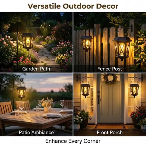 Outdoor Solar Lanterns Waterproof Hanging Solar Lights With Glass Shade Easy Hang Two Pack LED Metal Wall Mount Outdoor Lighting For Yard Garden Patio Black Weatherproof shown on path, fence, patio, porch.