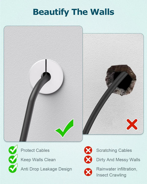 Four Pack White Wall Grommets For Starlink Cable Routing Kit comparison of clean and messy wall installations