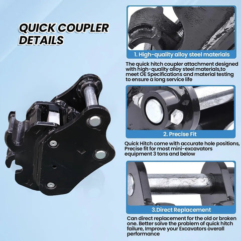 Image showing Fast Swap Quick Change Hitch For 1 Ton And Mini Excavators Mechanical Quick Coupler For Small Diggers Buckets Grapples And Attachments Built For Durable Easy One Person Swaps On Job Sites with alloy steel details and precise fit for 1-3 ton equipment.