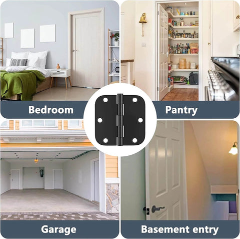 Door Hinges 3 Pack 3.5 Inch Interior Hinges With Five Eighths Radius Matte Black Steel in bedroom, pantry, garage, basement entry