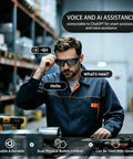 Bluetooth Safety Glasses With Photochromic Lenses And Crisp Clear Audio For The Daily Grind Rechargeable Led Work Eyewear With Twenty Hour Battery Life Tr90 Frame Ansi Certified Smart Audio Sunglasses Built Different showing a man using voice assistance features.