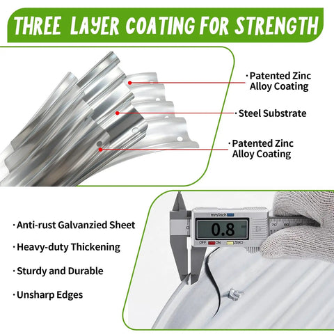 Diagram showing the three-layer coating of a galvanized raised garden bed kit with thickness measurement display, includes zinc alloy coating.