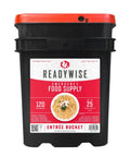 Front view of Grab And Go Emergency Food Supply Bucket With 120 Servings Of Freeze Dried Meals For Camping And Backpacking