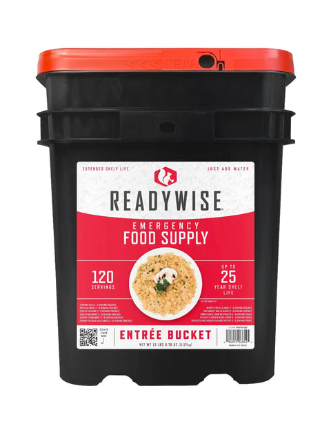 Front view of Grab And Go Emergency Food Supply Bucket With 120 Servings Of Freeze Dried Meals For Camping And Backpacking
