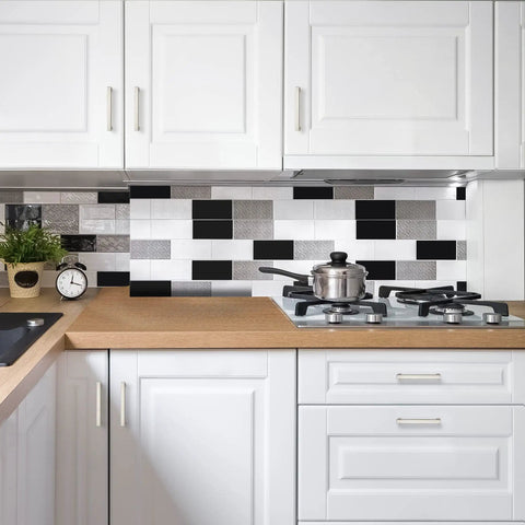 Modern kitchen with Ten Pack 5 Inch Square Cabinet Pulls Satin Nickel Brushed Nickel Hardware on white cabinets.