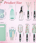 11 Piece Floral Garden Tool Set With Non Slip Handles Heavy Duty Hand Tools Kit Includes Tote Gloves Knee Pad Sprayer And Towel Sweet Gift For Women Moms Birthday illustrated with product sizes.