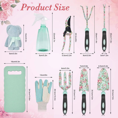 11 Piece Floral Garden Tool Set With Non Slip Handles Heavy Duty Hand Tools Kit Includes Tote Gloves Knee Pad Sprayer And Towel Sweet Gift For Women Moms Birthday illustrated with product sizes.
