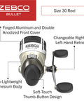 Bullet MG Spincast Rod And Reel Combo with ultra-lightweight magnesium body and size 30 reel. View from top showing features.