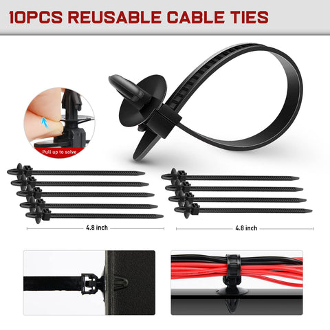 10 reusable cable ties from 60 Piece Automotive Wire Loom Routing Clip Kit With Universal Wiring Harness Clips In 6 Sizes, Replacement Car Cable Ties, Perfect For Honda GM Mazda, Durable Nylon, 2 Years Warranty, showcasing their locking mechanism and 4.8-inch size in black nylon material.