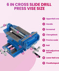 6 Inch Cross Slide Drill Press Vise showing components like crank, handle, and precise scale for heavy duty tasks.