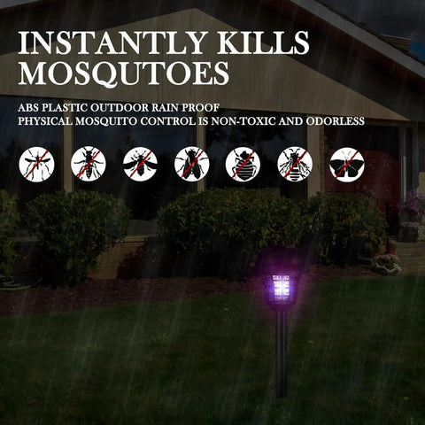 Solar Powered Outdoor Bug Zapper For Yard And Patio, waterproof mosquito killer lamp glowing at night on lawn pathway.