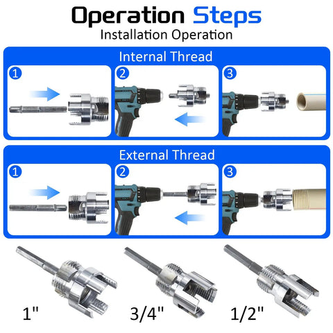 All In One Pro Grade Pipe Threader Kit For 1/2 3/4 And 1 Inch Pipes With Dual Threading For Internal And External Threads On PVC CPVC And ABS Drill Powered Speed For Quick Plumbing Repairs And DIY Handy Home Repair Projects showing operation steps for internal and external threads with drill attachment and three dies.