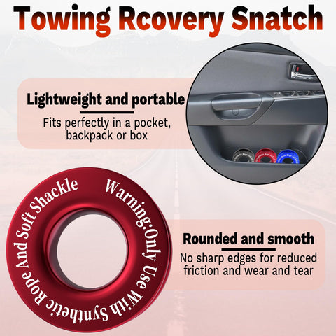 Heavy Duty Winch Snatch Recovery Ring 66,000 Lbs Break Strength Snatch Block Ring For Soft Shackle And Synthetic Rope Compatible With ATV UTV SUV Truck Off Road Vehicles Red with text about weight and storage features