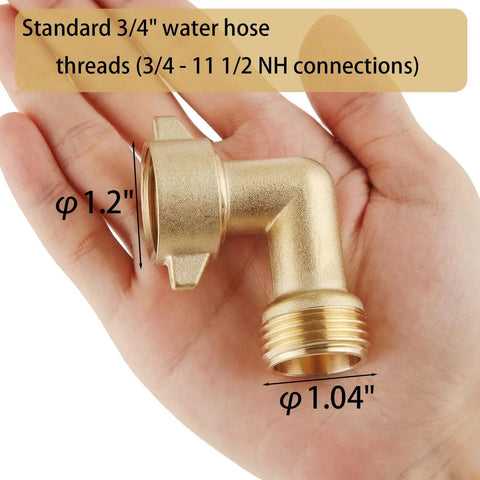 90 Degree Hose Elbow For RVs With Solid Brass Construction And Swivel Easy Grip Connector Delivers A No Fuss Fit For Three Quarters Inch Hose Threads Ideal For RV Water Hoses Residential Outdoor Faucets And More 1 Pack held in hand