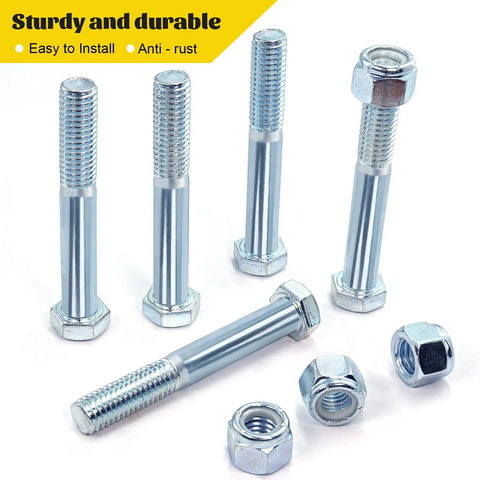 8 Pack Grade 2 Beefy Shear Bolts With Nylock Nuts for Rotary Cutters and Tractors, showing bolts and nuts close-up.