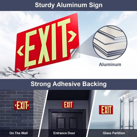 Photoluminescent Aluminum Exit Sign With Adhesive Backing Glow In The Dark Red Non Electrical Exit Light 12x7 Inches Removable Arrows Included Visible Up To 50 Feet 2 Pack displayed on wall, door, and glass partition.