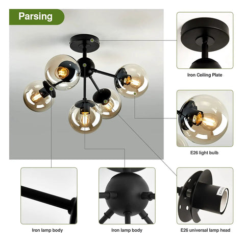 Modern Black Ceiling Light Fixture Semi Flush Mount Chandelier With Five Lights For Bedroom Kitchen Farmhouse