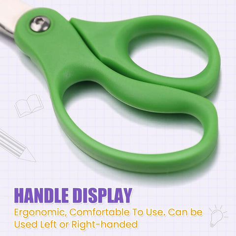 Green handle detail of 12 Pack 5 Inch Kids Safety Scissors With Blunt Tip for school and home use