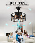 Caged Ceiling Fan With Lights Remote Control Farmhouse Low Profile Pendant Fandelier in living room setting, black metal, 6 bulbs not included