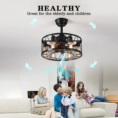 Caged Ceiling Fan With Lights Remote Control Farmhouse Low Profile Pendant Fandelier in living room setting, black metal, 6 bulbs not included