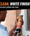 Man applying 100 Percent Waterproof Silicone Caulk For Kitchen And Bath Sealant Mold Resistant White 10 Oz Cartridge to window frame