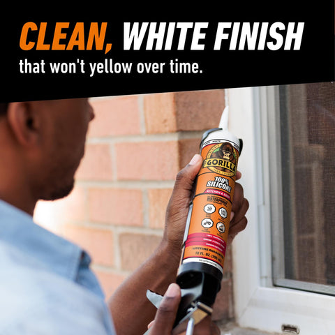 Man applying 100 Percent Waterproof Silicone Caulk For Kitchen And Bath Sealant Mold Resistant White 10 Oz Cartridge to window frame