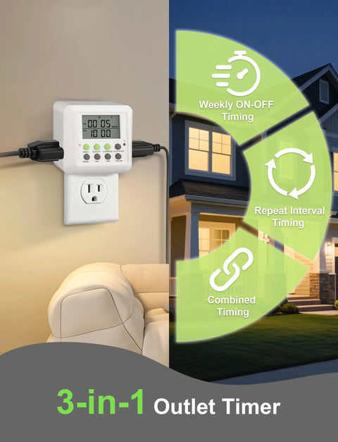 Heavy Duty Dual Outlet Programmable Timer Plug For Set It And Forget It Scheduling Plus Smooth Interval Cycling To Keep Electronics Humming At 15 Amps Indoors mounted on a wall with a device plugged in.