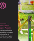 Garden Hose Bib Extender With Elevated Stand For Easy Water Access shown in garden with anti kink spigot and brass fittings.