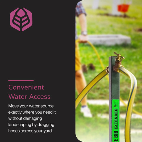 Garden Hose Bib Extender With Elevated Stand For Easy Water Access shown in garden with anti kink spigot and brass fittings.